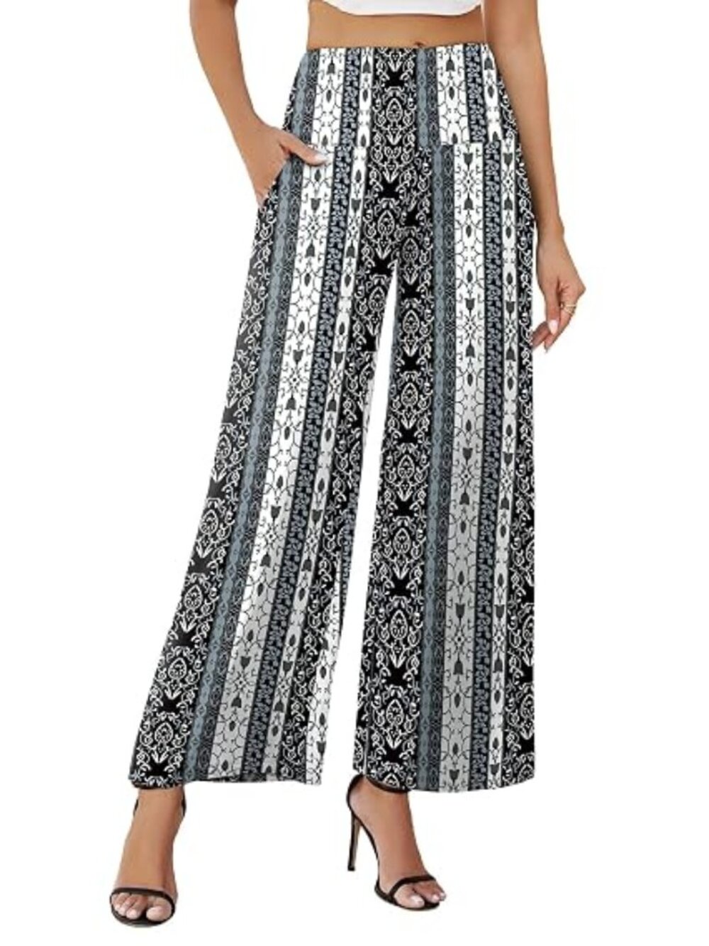 "Black/Grey Florets" LNC Stretchy Wide Leg Lounge Palazzo Pants w/Pockets 3XL